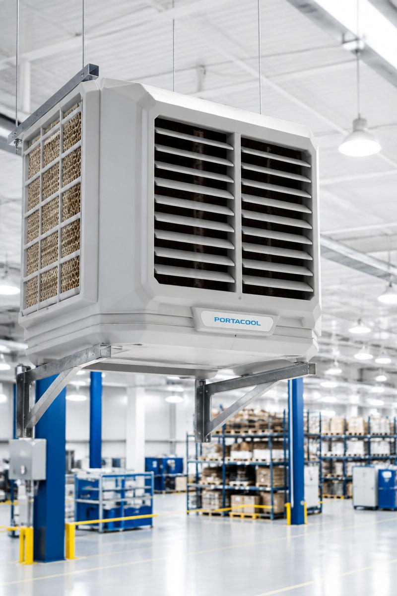 Unidade de climatização evaporativa suspensa num armazém industrial