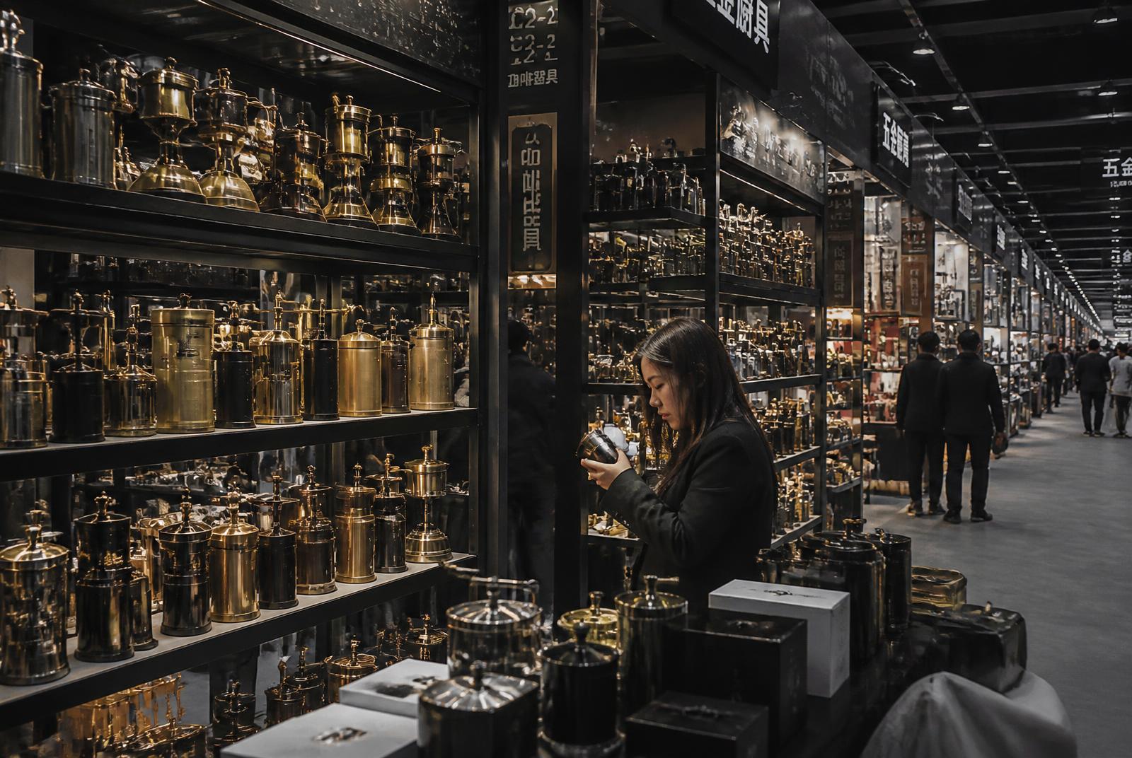 Mercado grossista de fabricantes na China com produtos expostos em prateleiras — sourcing de produtos para Portugal